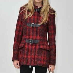 BURBERRY HEAVY RED AND BLACK BUFFALO CHECK BUCKLE HIGH NECK FITTED WOOL COAT SZ6